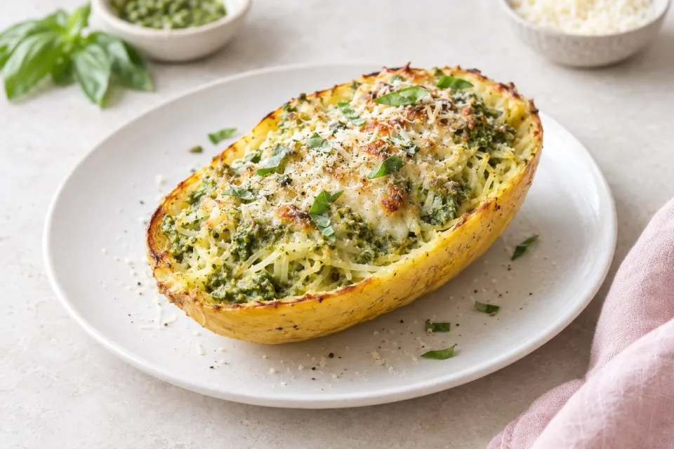 Twice-Baked Spaghetti Squash with Pesto and Parmesan