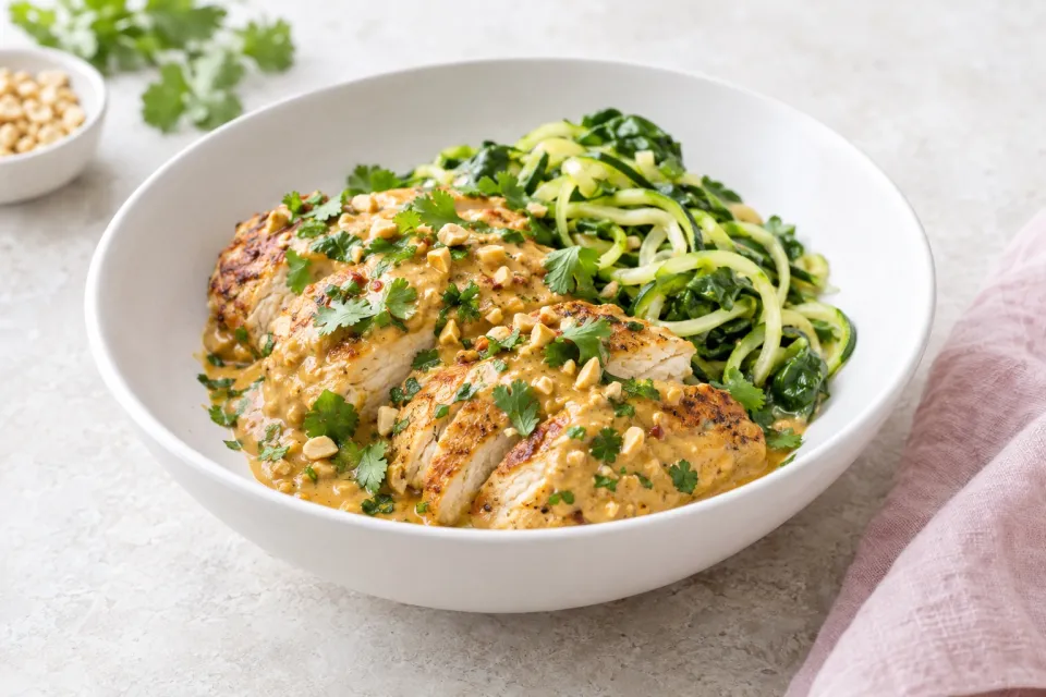 Low-Carb Chicken Breasts with Cilantro and Thai Curry Peanut Sauce