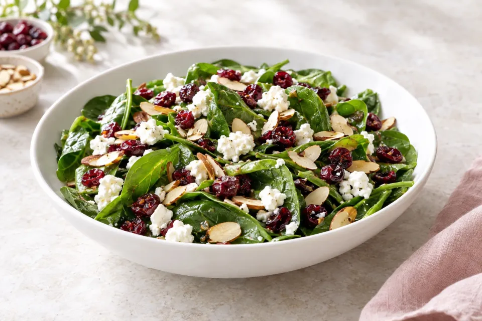 Thanksgiving Spinach Salad with Dried Cranberries, Almonds, and Goat Cheese