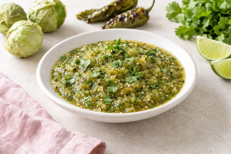 Tomatillo Salsa with Roasted Green Chiles, Cilantro, and Lime