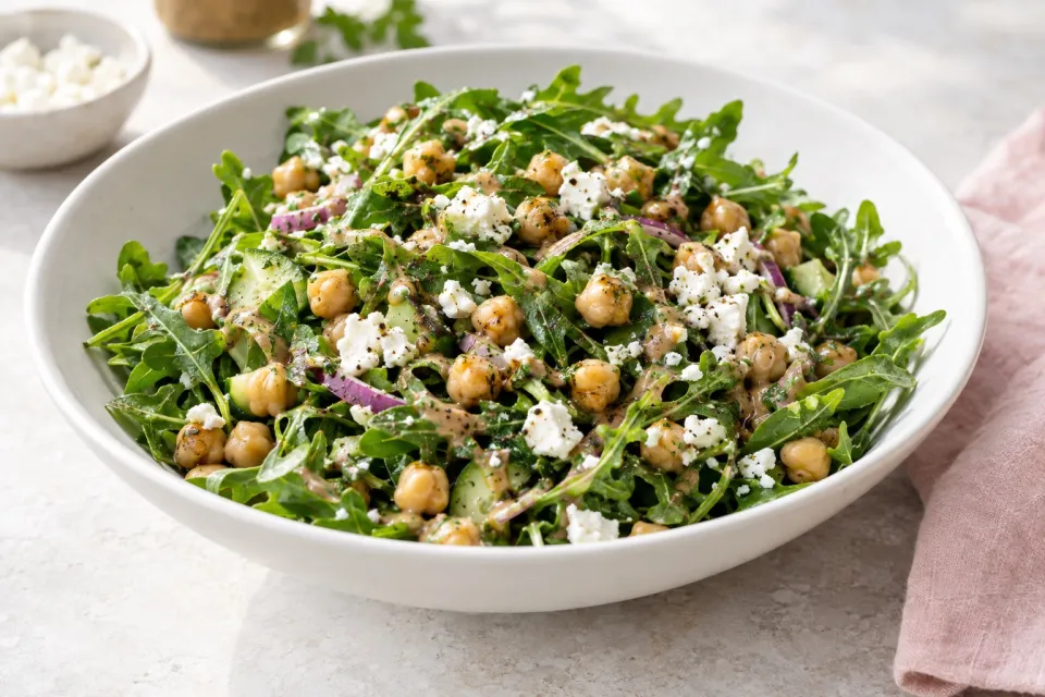 Arugula Chickpea Salad with Feta and Balsamic-Tahini Vinaigrette