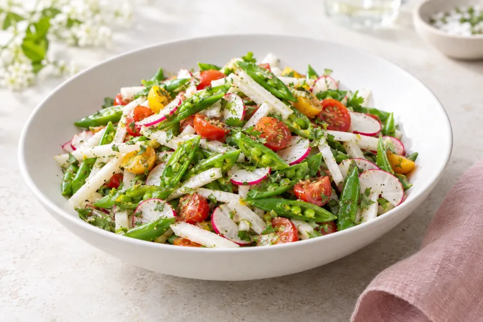 Crunchy Chopped Salad with Sugar Snap Peas, Jicama, Radishes, and Tomatoes