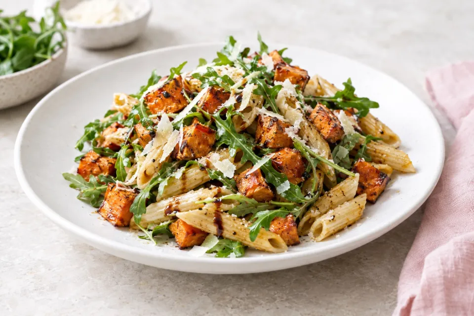 Easy Penne Pasta with Balsamic Sweet Potatoes, Arugula, and Parmesan