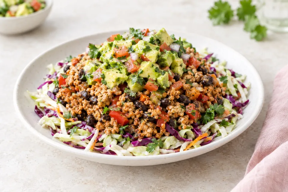 Turkey and Black Bean Mexican Cabbage Bowl with Avocado Salsa