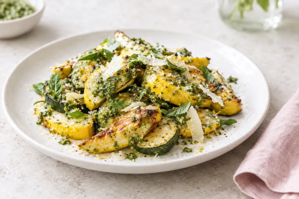 Roasted Summer Squash with Pesto and Parmesan