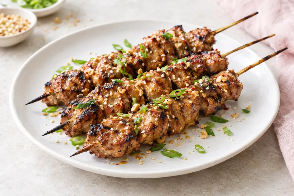 Grilled Pork Kabobs with Spicy Peanut Butter, Sesame, and Soy Sauce Marinade