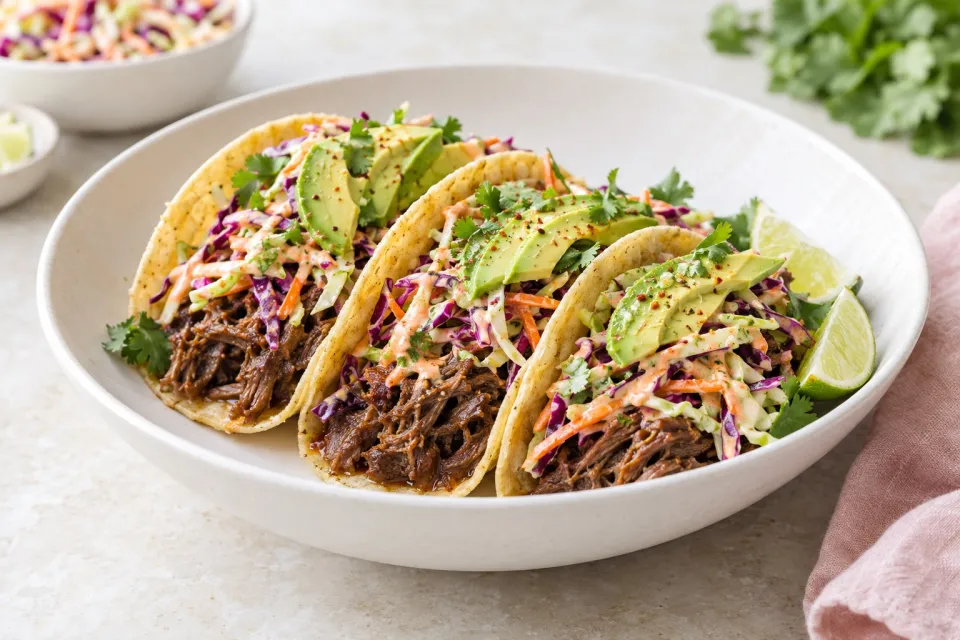 Shredded Beef Tacos with Spicy Slaw and Avocado – Slow Cooker or Instant Pot