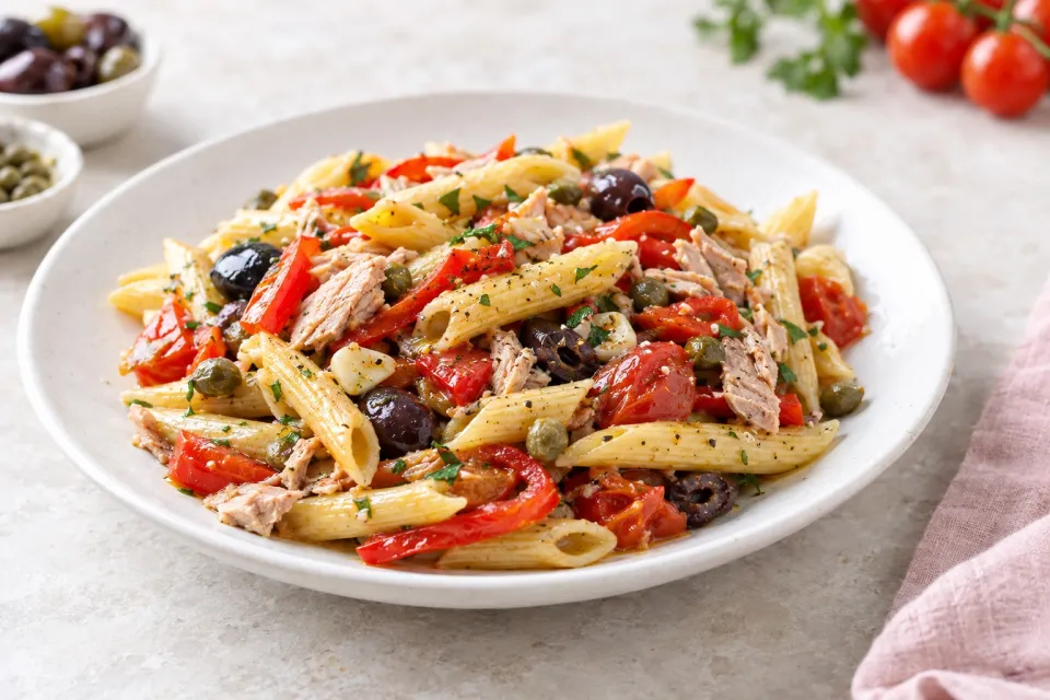 Quick and Easy Penne Pasta with Red Bell Peppers, Garlic, Capers, Olives, Tomatoes, and Tuna