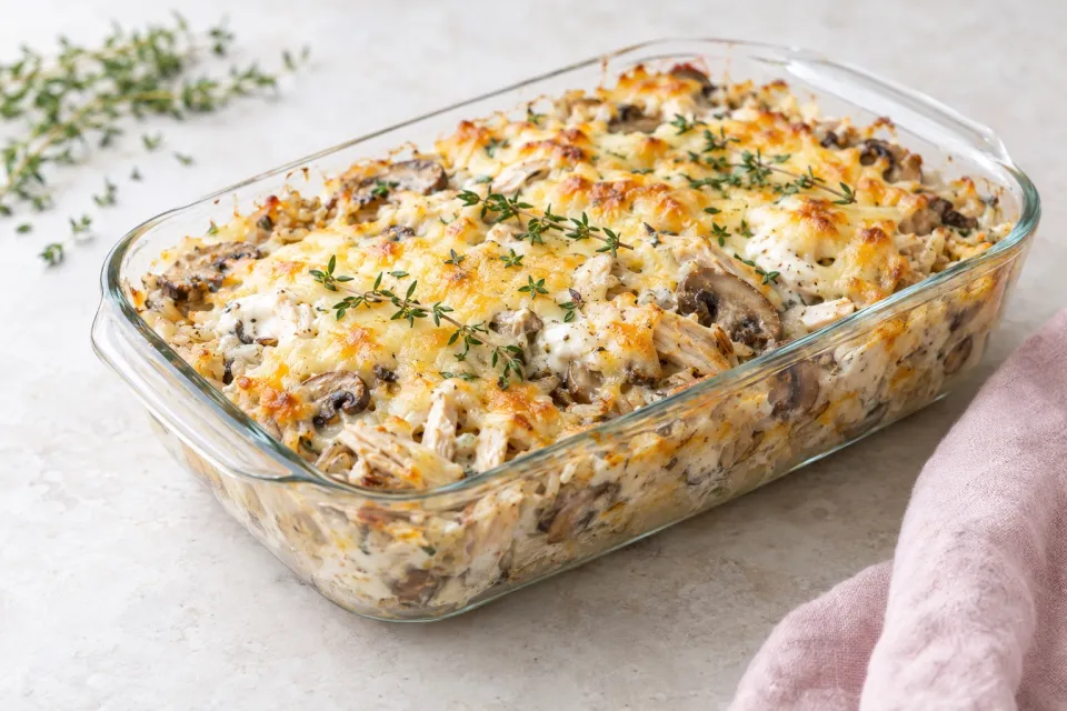 Leftover Turkey Casserole with Brown Rice, Mushrooms, Sour Cream, Cheese, and Thyme