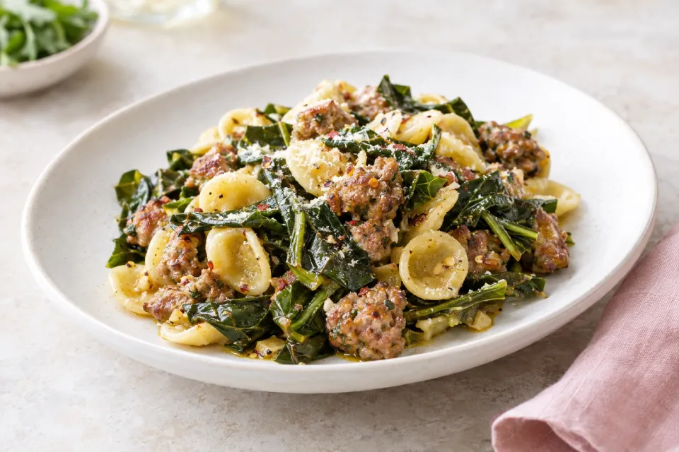 Pasta with Italian Sausage and Collard Greens