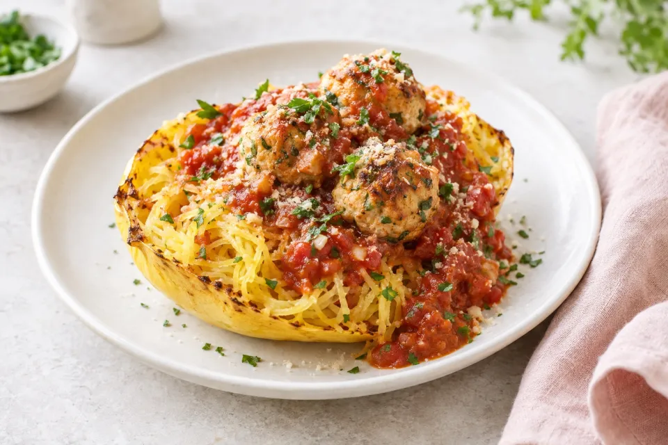 Roasted Spaghetti Squash with Tomato-Garlic Sauce and Chicken Meatballs