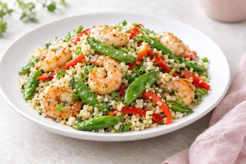 Low-Carb Fried Cauliflower Rice with Shrimp, Sugar Snap Peas, and Red Pepper