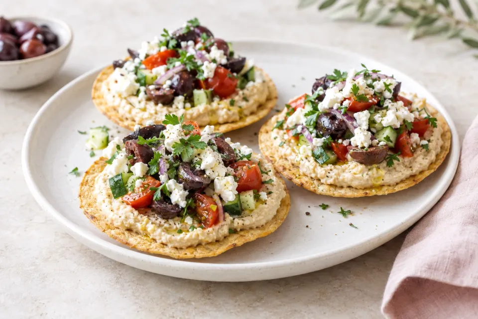 Mediterranean Tostadas with Hummus, Feta, and Kalamata Olives