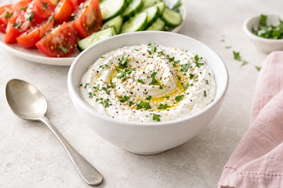 Greek Yogurt and Tahini Dip for Tomatoes and Cucumbers