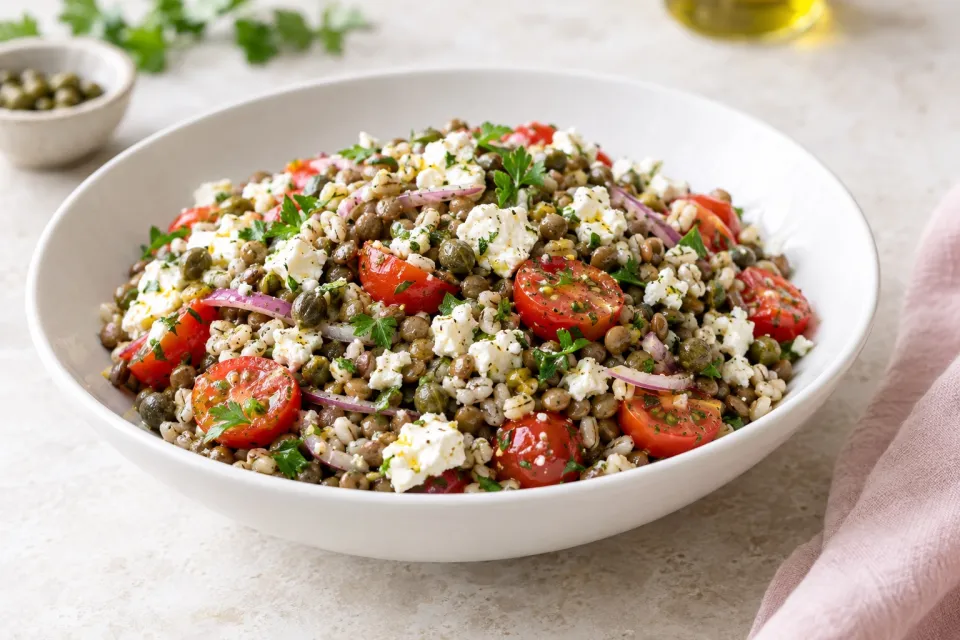 Lentil and Barley Greek-Style Salad with Tomatoes, Feta, and Capers