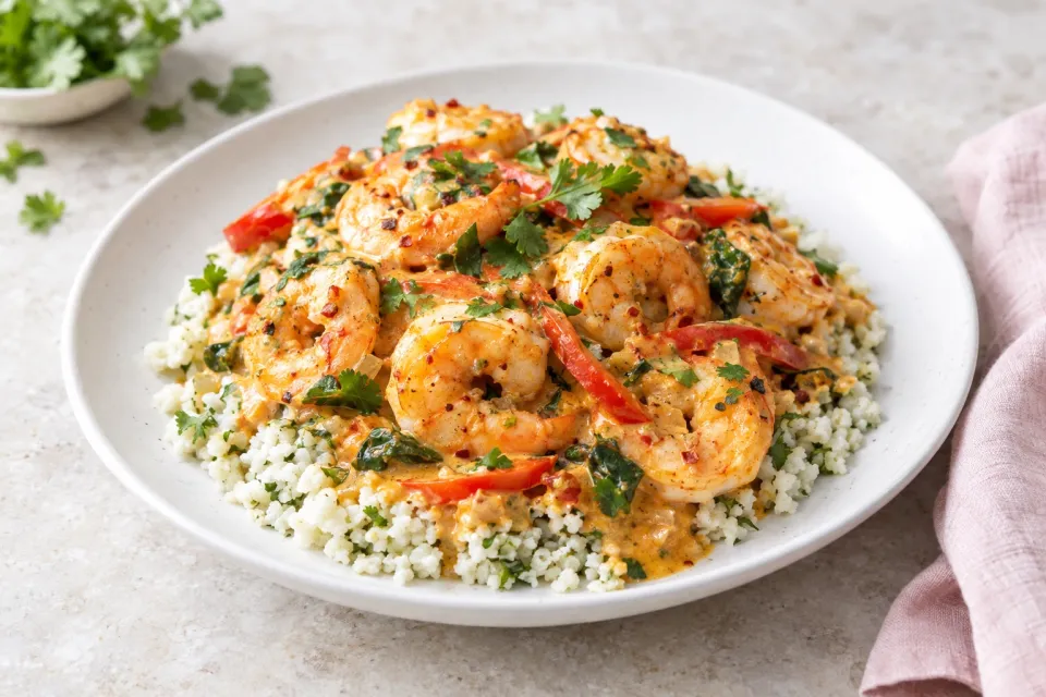 Easy Spicy Coconut Milk Shrimp Over Cauliflower Rice