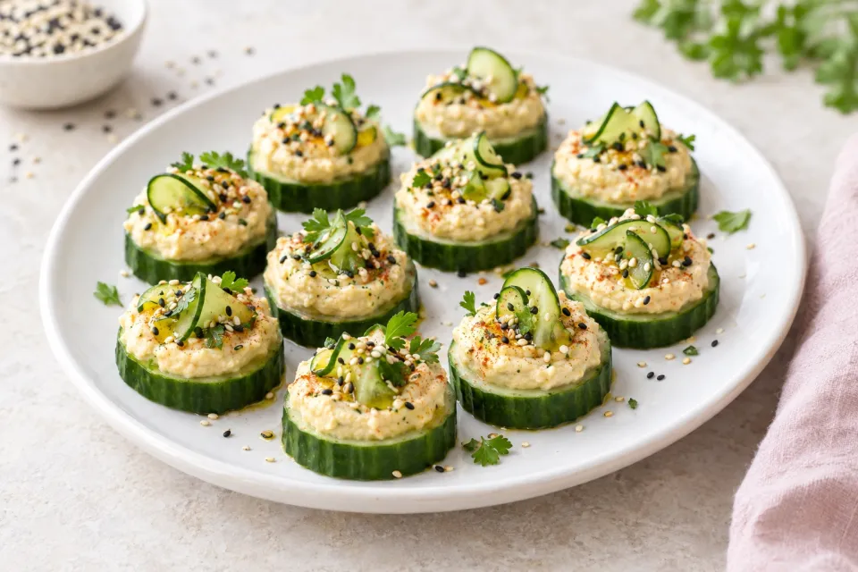 Hummus and Cucumber Appetizer Bites with Sesame Seeds