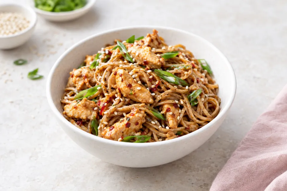 Spicy Whole Wheat Sesame Noodles with Chicken