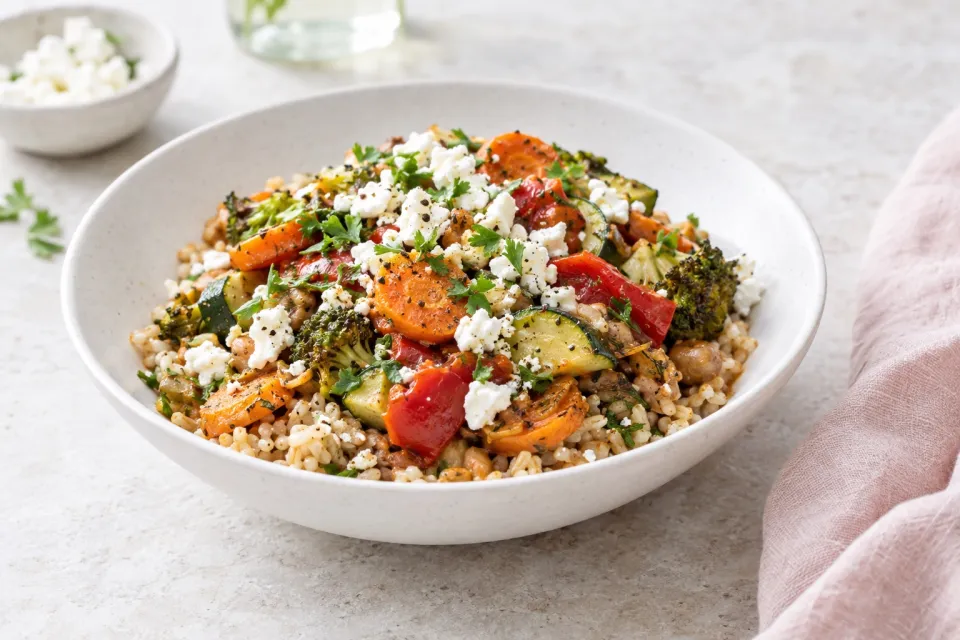 Slow Cooker Brown Rice Veggie Bowl with Feta