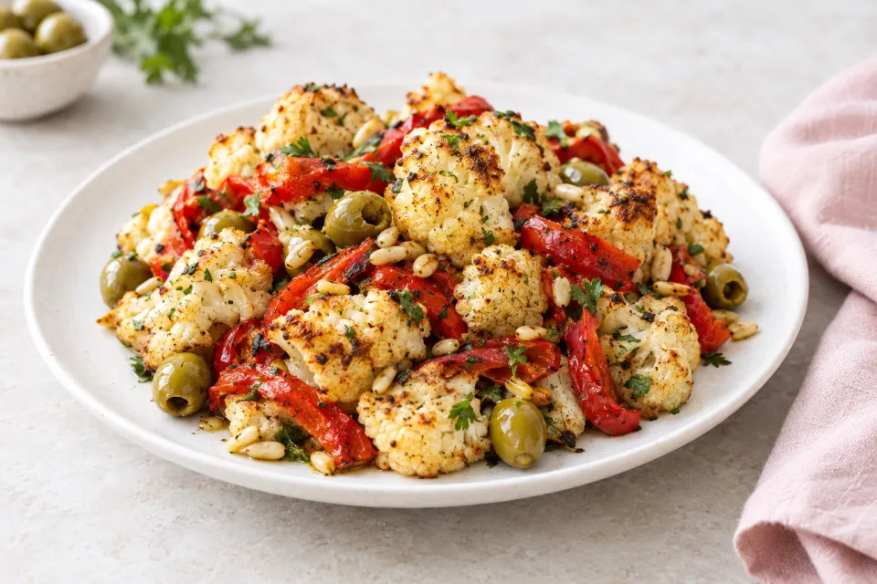 Roasted Christmas Cauliflower with Red Bell Pepper, Green Olives, and Pine Nuts