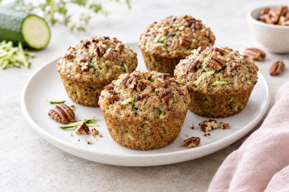 Low-Sugar and Whole Wheat Zucchini Muffins with Pecans