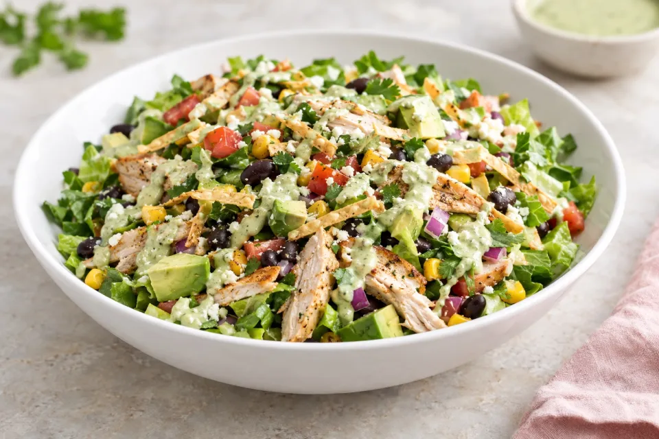 Leftover Chicken Chopped Salad with Cafe Rio Style Creamy Tomatillo Dressing