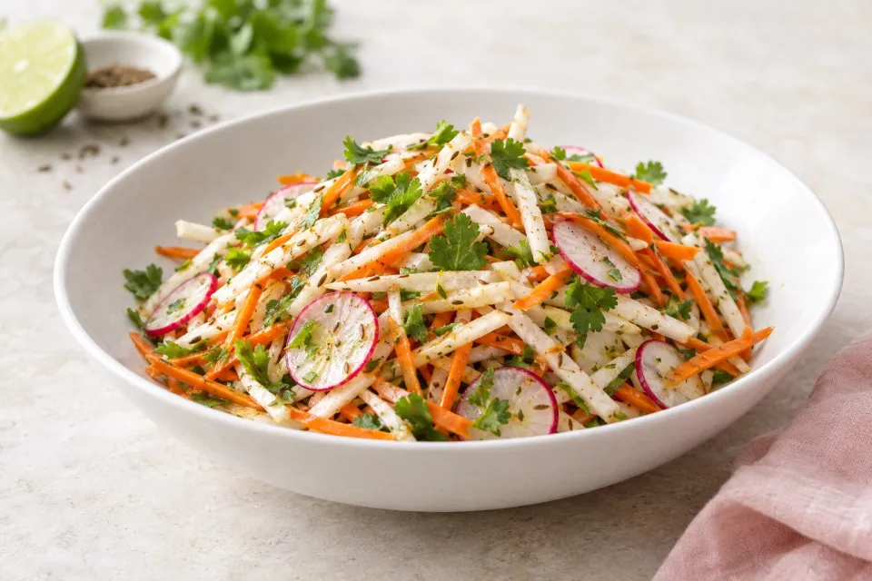 Jicama and Carrot Slaw with Radishes, Cilantro, and Cumin-Lime Vinaigrette