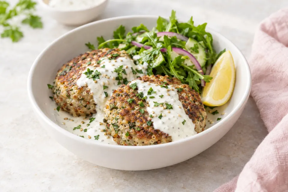 Ground Turkey Quinoa Patties with Yogurt-Tahini Sauce
