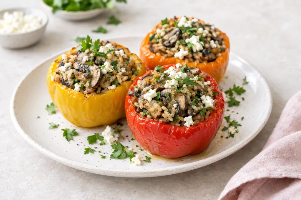 Vegetarian Stuffed Peppers with Brown Rice, Mushrooms, and Feta