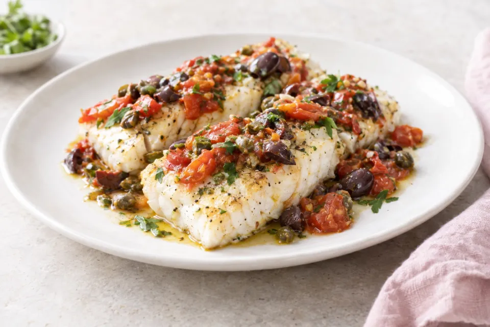 Hake Loins Baked with Tomato, Kalamata Olive, and Caper Salsa