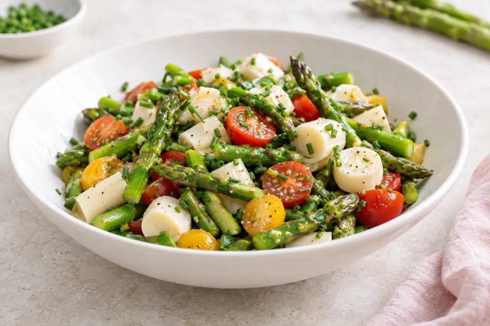 Vegan Asparagus Salad for Spring with Tomatoes, Hearts of Palm, and Chives