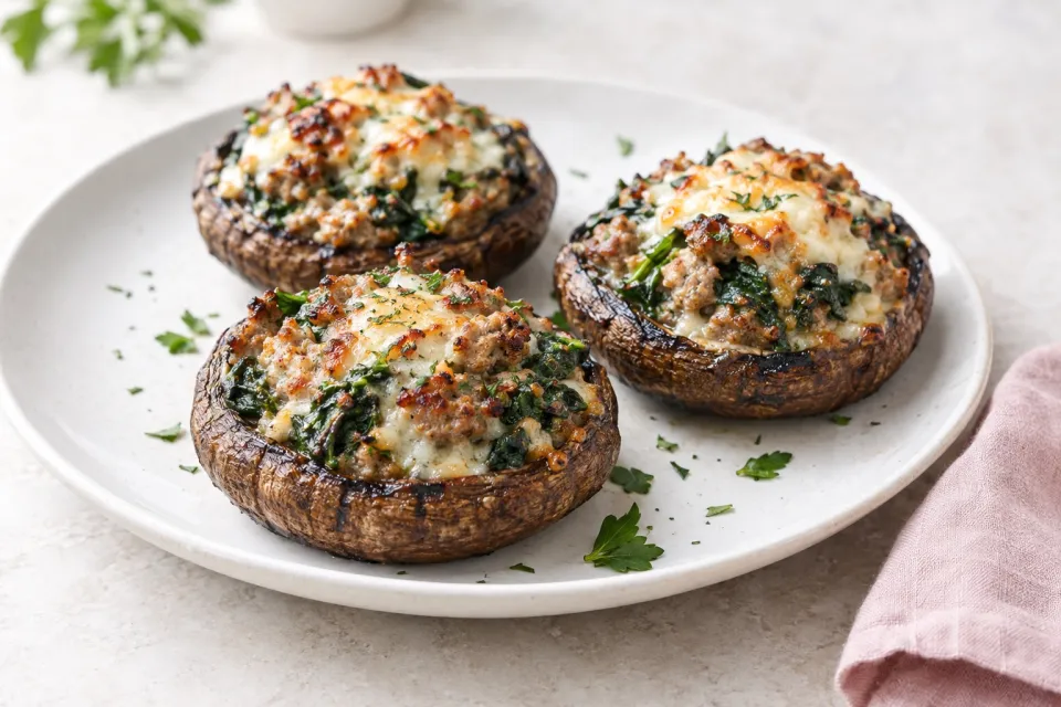 Grilled Portobello Mushrooms Stuffed with Sausage, Spinach, and Cheese