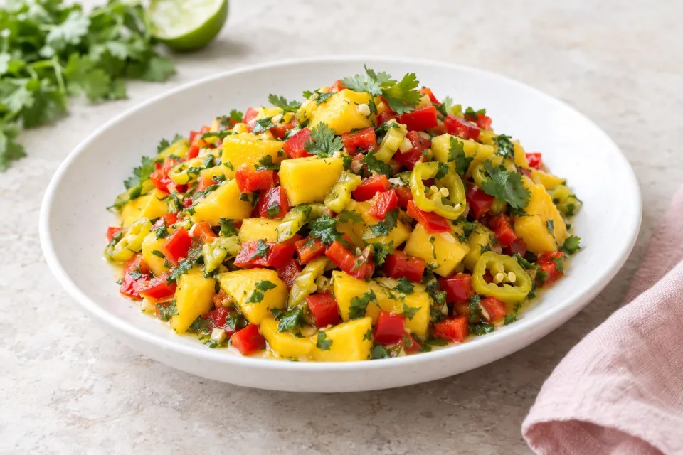 Mango Peperoncini Salsa with Red Bell Pepper, Lime, and Cilantro