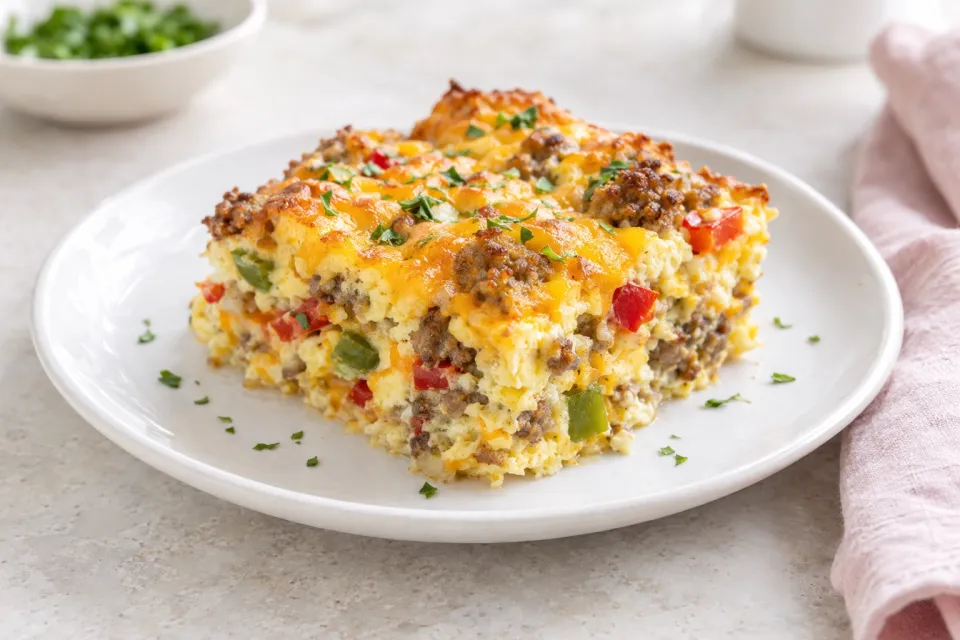 Slow Cooker Egg Casserole with Sausage, Peppers, and Cheese