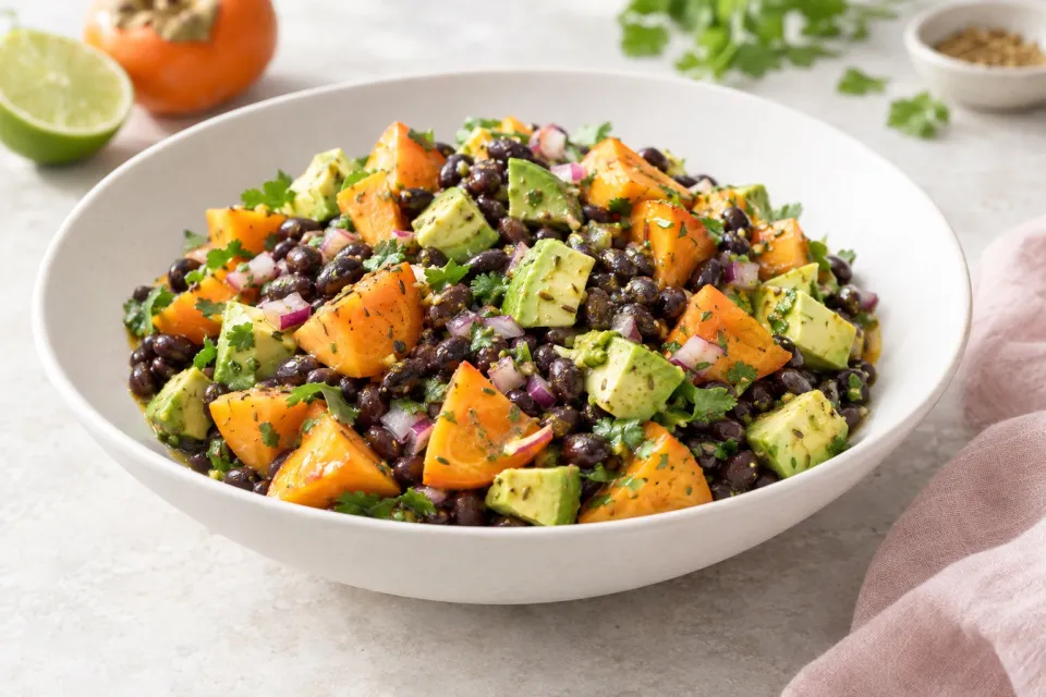 Black Bean Salad with Fuyu Persimmon, Avocado, and Lime-Cumin Vinaigrette