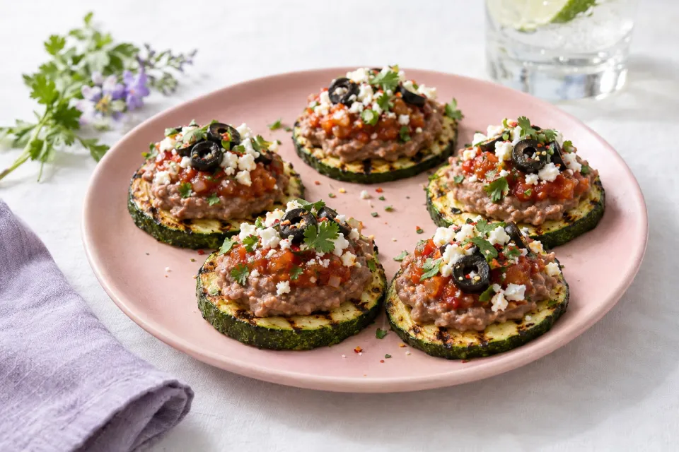 Grilled Zucchini Mini-Tostadas with Refried Beans