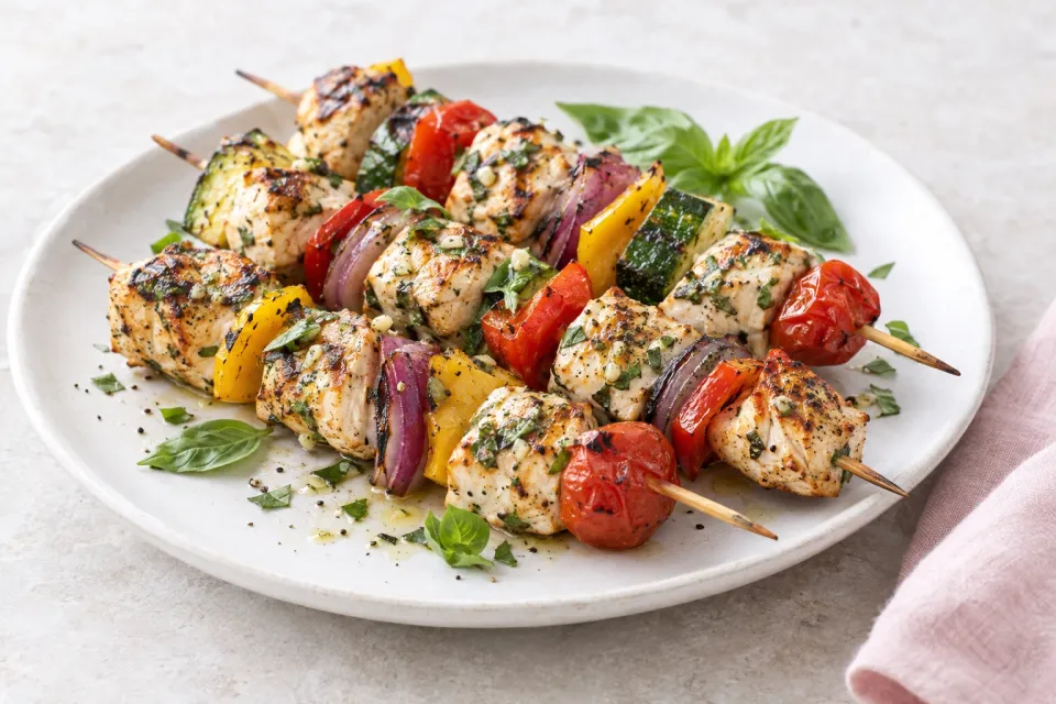 Grilled Chicken and Veggie Kabobs with Garlic and Basil
