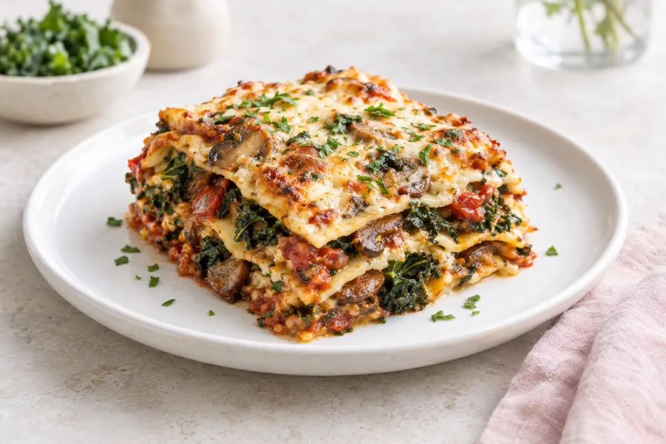 Vegetarian Lasagna with Kale and Mushroom-Tomato Sauce