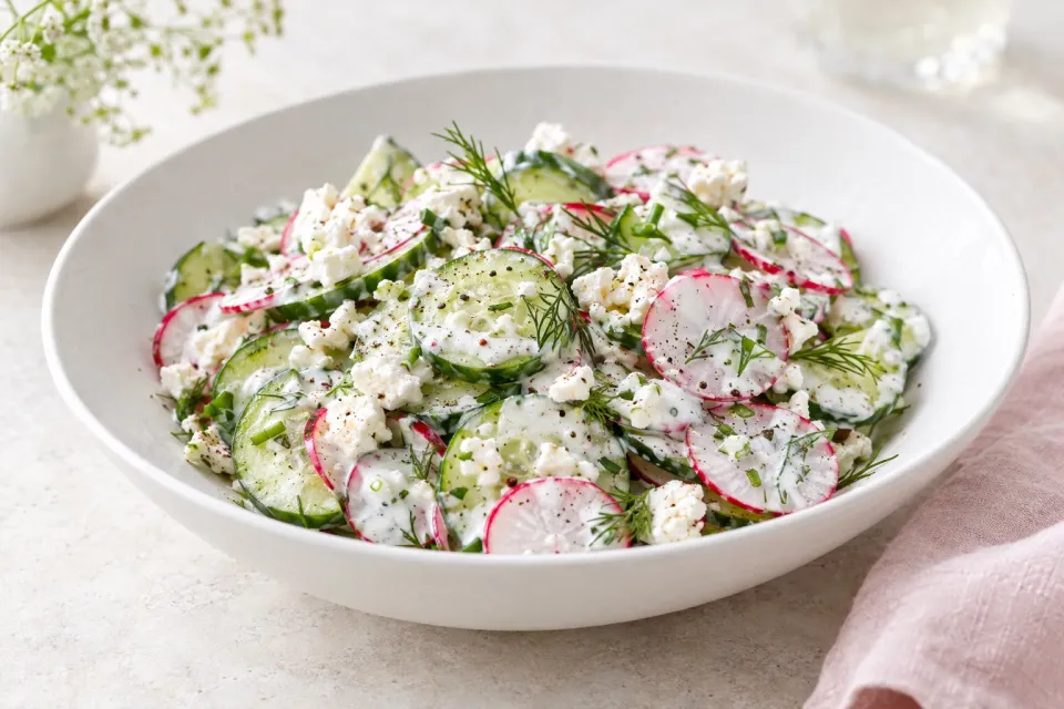 Cucumber and Radish Salad with Feta, Red Wine Vinegar, and Buttermilk Dressing