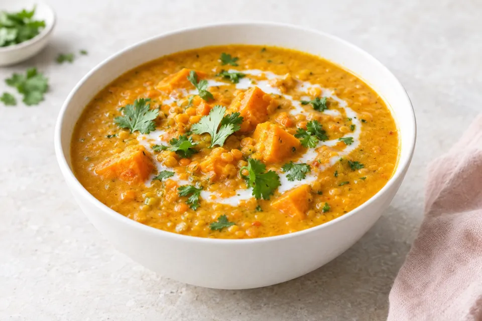 Crockpot Red Lentil and Sweet Potato Soup with Curry and Coconut Milk