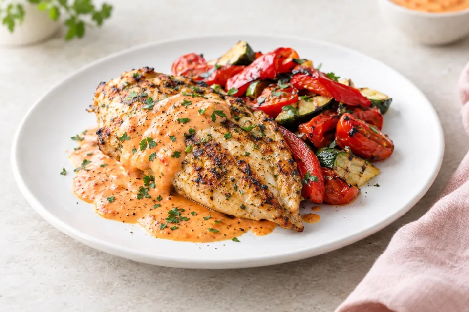 Grilled Garlic Chicken with Roasted Red Pepper Aioli Sauce
