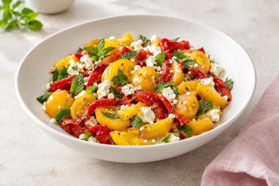 Yellow Tomato Salad with Roasted Red Pepper, Feta, and Mint
