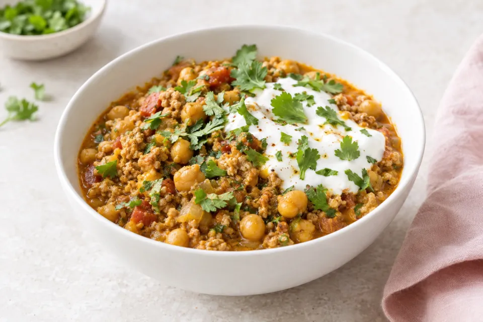 Ground Chicken and Chickpea Curry Stew with Yogurt and Cilantro