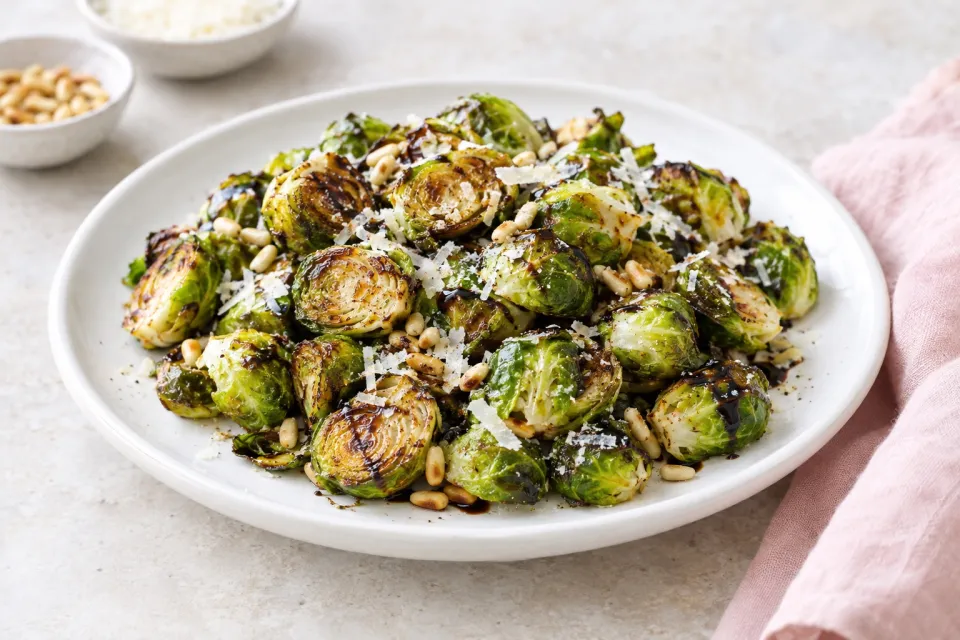 Roasted Brussels Sprouts with Balsamic, Parmesan, and Pine Nuts