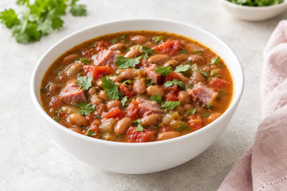 Pressure Cooker Spicy Pinto Bean Soup with Ham, Tomatoes, and Cilantro