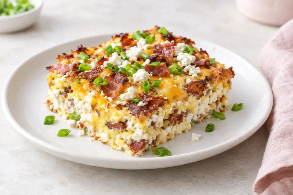 Broken Arm Breakfast Casserole with Cottage Cheese, Bacon, Feta, and Green Onions