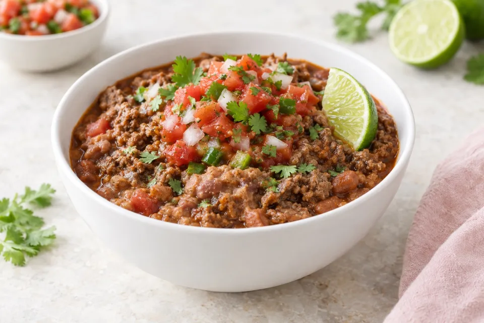 Slow Cooker Beef and Refried Bean Chili with Salsa and Lime