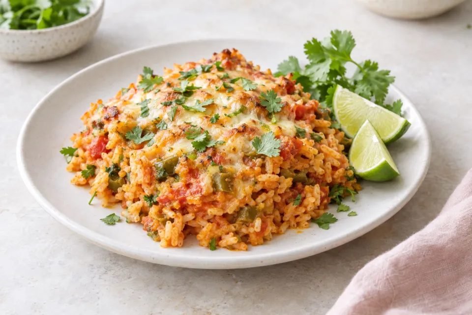 Baked Salsa Rice with Green Chiles, Lime, and Cilantro