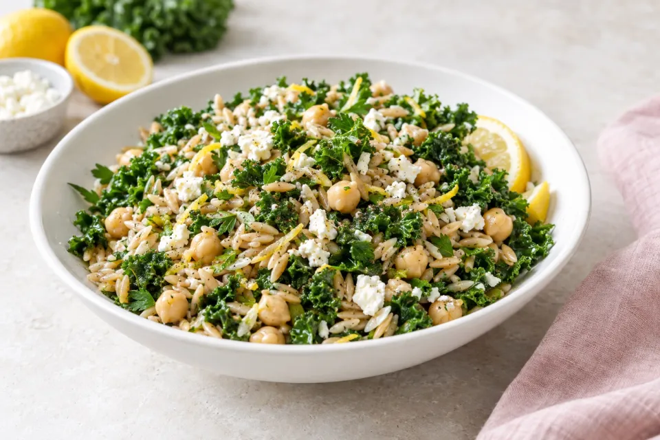 Whole Wheat Orzo Salad with Kale, Chickpeas, Lemon, and Feta