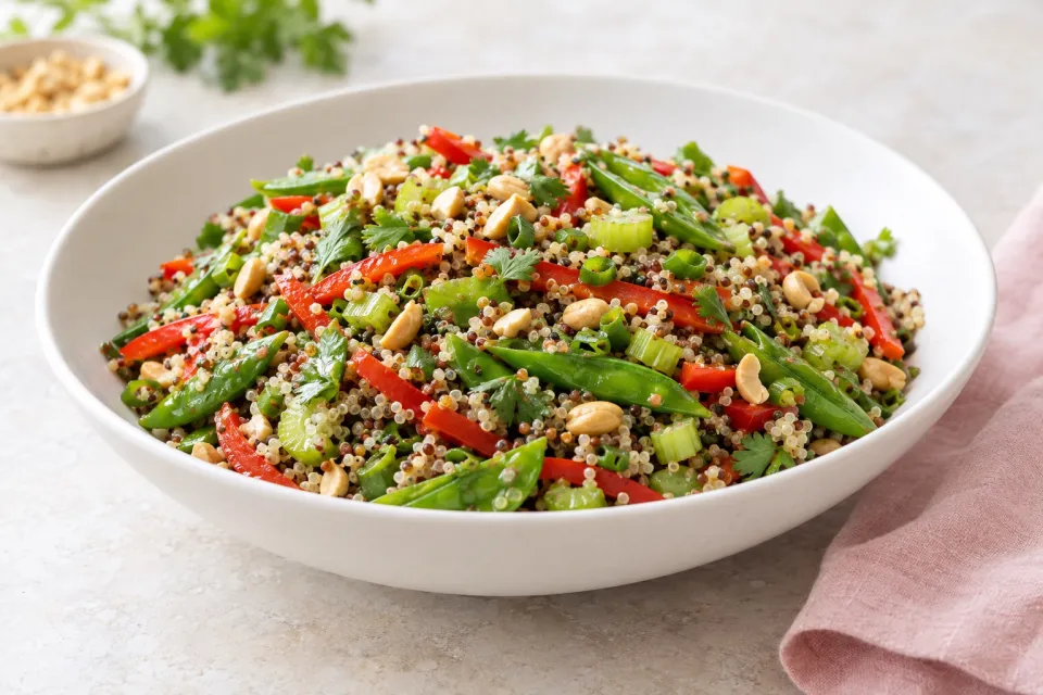 Asian Quinoa Salad with Snap Peas, Red Bell Pepper, Celery, and Peanuts